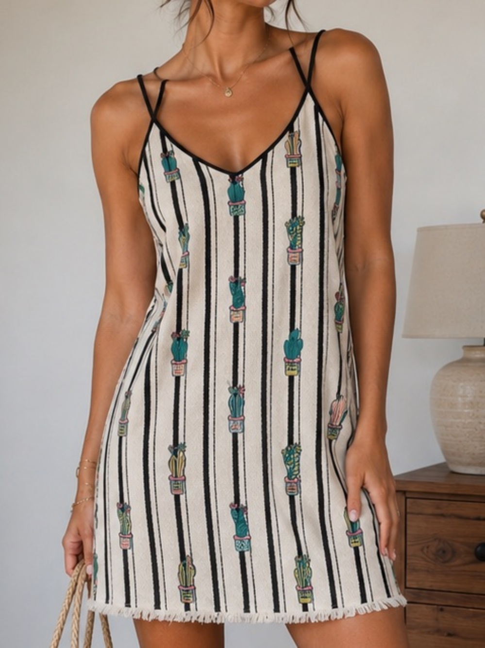 Judith March Cactus Embroidered Striped Swing Dress Size Medium